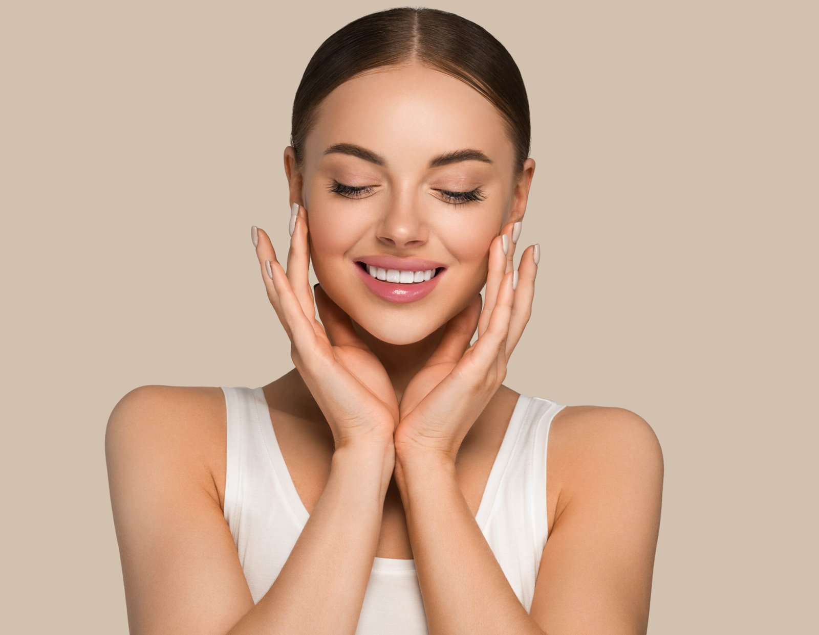 Beautiful skin face woman natural make up healthy skin touching her face. Color background. Brown